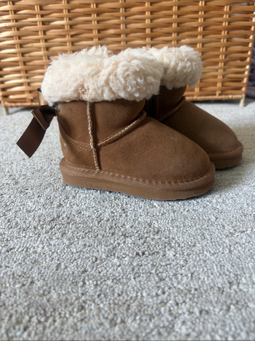 BearPaw Kids Brown Suede Boots with Cream Faux Fur
